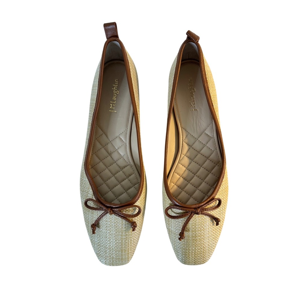 J.McLaughlin Anastasia Ballet Flats Size 9.5 Beachwood Cognac Grasscloth Bows